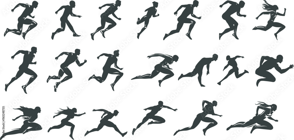 A collection of silhouettes of running athletes, with strength, focus and endurance. Suitable for fitness design, motivational materials and active lifestyle branding. A collection of silhouettes of running athletes, with strength, focus and endurance. Suitable for fitness design, motivational materials and active lifestyle branding.