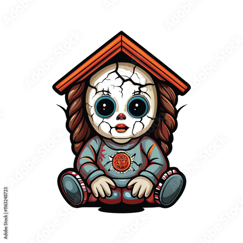 Generate a hyperrealistic image of a creepy porcelain doll with glassy, unsettling eyes and a noticeable crack on its face.  The doll should appear aged and slightly sinister.