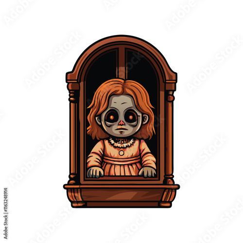 Generate a hyperrealistic image of a creepy porcelain doll with intensely lifelike, staring eyes;  emphasize unsettling detail and a slightly unsettling expression.