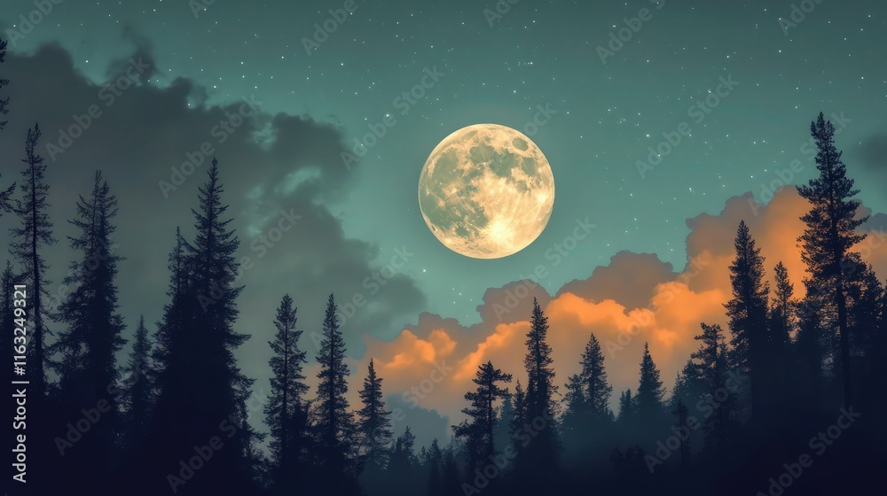 The full moon illuminates gray and faint orange clouds, casting soft light on silhouetted treetops. The night sky fades from teal to deep blue with distant stars. The full moon illuminates gray and faint orange clouds, casting soft light on silhouetted treetops. The night sky fades from teal to deep blue with distant stars.