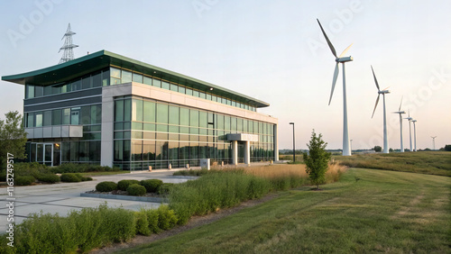 Modern office building with wind turbines in background, showcasing renewable energy and sustainable architecture. scene reflects innovation and environmental consciousness photo