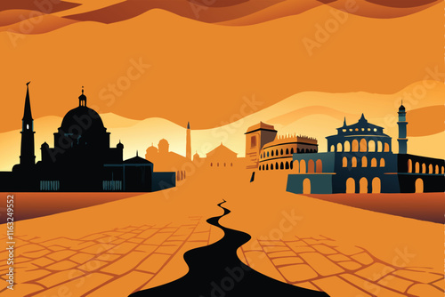 Create a vibrant vector illustration depicting a diverse group enjoying a cultural heritage tour, showcasing historical landmarks and traditional attire.