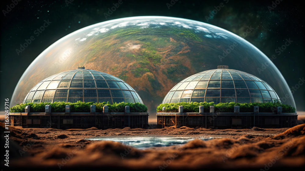 Obraz premium futuristic concept of terraforming planet, featuring two biodomes surrounded by lush greenery, set against backdrop of distant planet and protective dome