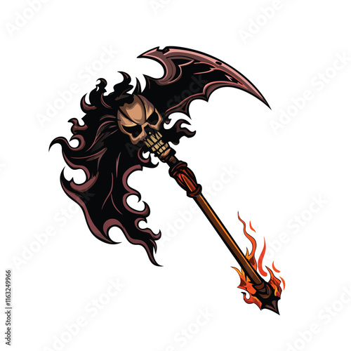 Render a terrifying cursed demon scythe; dark, jagged blade, ornate demonic handle.  Focus on detail & ominous atmosphere.