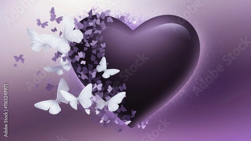 Purple heart shape surrounded by dissolving butterflies offers copy space for romantic advertising banners.