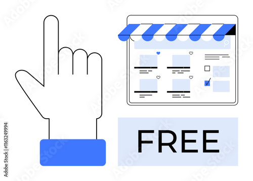 Hand pointing at a webpage with a striped awning, product listings, and a FREE label. Ideal for e-commerce, promotional offers, online shopping, user interface, website navigation, digital marketing