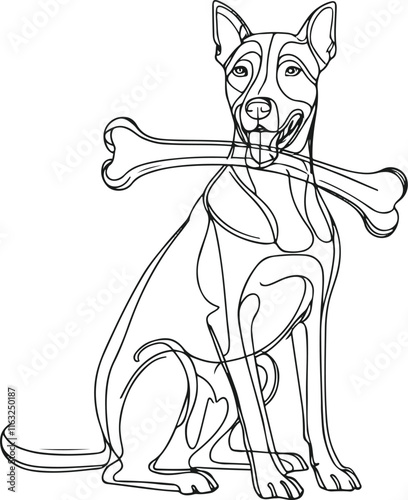 A dog sitting with a bone in its mouth, line art, no color, white background, clear line art, stylish line art.eps photo