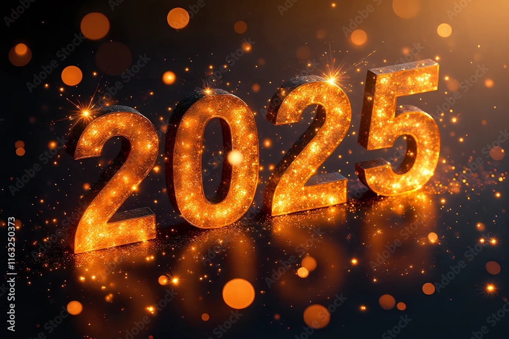 Happy New Year 2025 golden numbers on celebration background Complete with luxurious lighting. Macro shot Happy New Year 2025 golden numbers on celebration background Complete with luxurious lighting. Macro shot