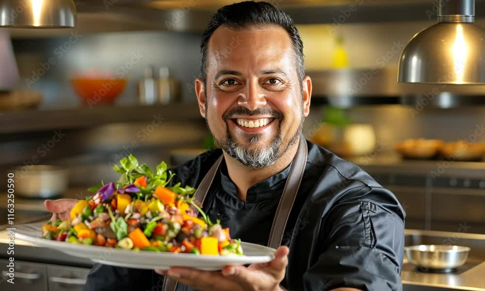 A chef proudly presenting a vibrant, colorful salad on a large plate. A chef proudly presenting a vibrant, colorful salad on a large plate.
