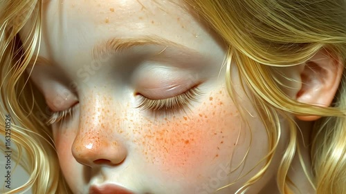 Portrait of a young girl with curly blonde hair, closed eyes, and freckles, highlighting natural beauty and innocence