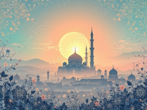 Vibrant cityscape with a mosque at sunset, creating a sense of beauty and spirituality, perfect for cultural, travel, Ramadan, or Middle Eastern themed designs. photo