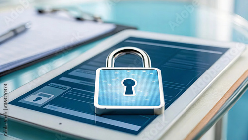 digital lock symbol on health record, representing security and privacy in medical data management. This emphasizes importance of protecting sensitive information