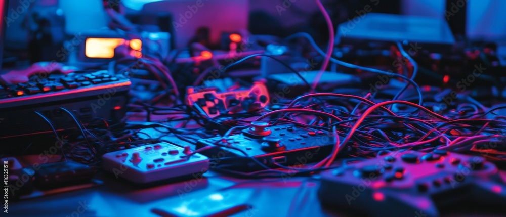 Neon Glow and Creative Chaos Retro Gaming Desk with Controllers and VR Headset Neon Glow and Creative Chaos Retro Gaming Desk with Controllers and VR Headset