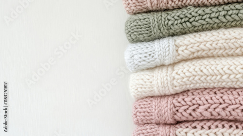 Soft knitted sweaters in pastel colors stacked neatly, showcasing textures and patterns. Perfect for cozy winter vibes and fashion inspiration