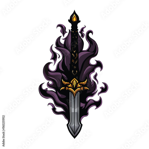 A dark warlock's cursed sword, dripping with dark magic, etched with arcane runes, resting on a crumbling stone altar.