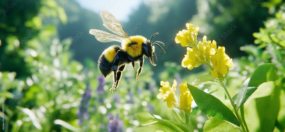 A bee hovering near bright yellow flowers in a lush environment. A bee hovering near bright yellow flowers in a lush environment.