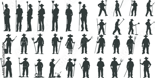 A collection of silhouettes of farmers or ranchers hoeing and wearing different style hats. Suitable for agricultural, plantation and livestock design elements.