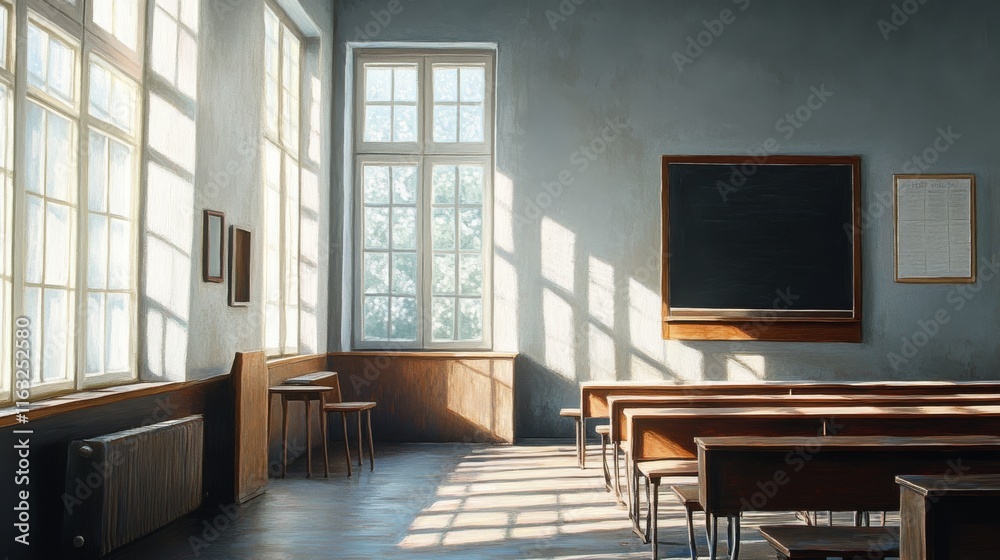 Fototapeta premium Spacious empty classroom interior with desks, chairs, and windows, offering a bright and calm learning environment ideal for educational settings and teaching resources