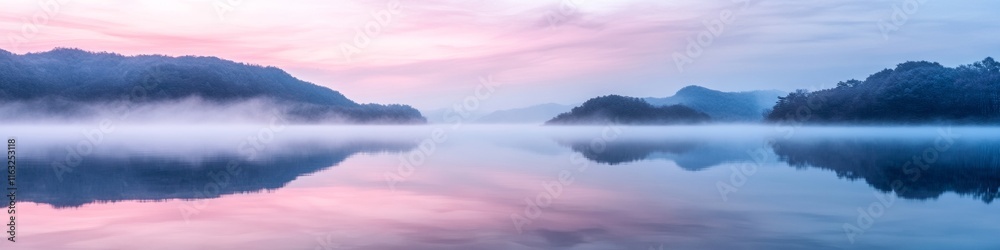 Serene Reflection Misty Lake Under Pastel Skies in South Korea Serene Reflection Misty Lake Under Pastel Skies in South Korea