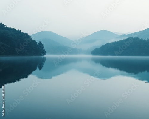 Misty South Korean Lake with Pastel Reflections and Dreamy Atmosphere
