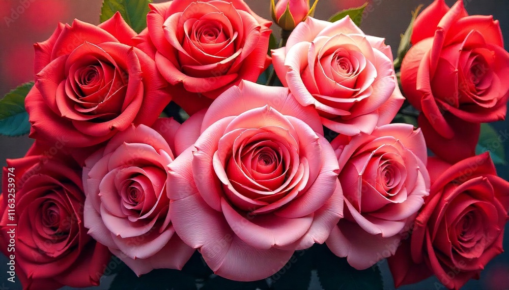 Vibrant Red and Pastel Pink Roses in a Lush Cluster with Golden Glow Vibrant Red and Pastel Pink Roses in a Lush Cluster with Golden Glow