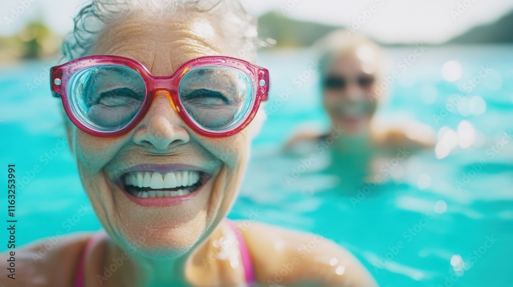 Fototapeta premium Happy seniors swim and socialize in a bright outdoor pool, showcasing joy and companionship on a beautiful sunny day