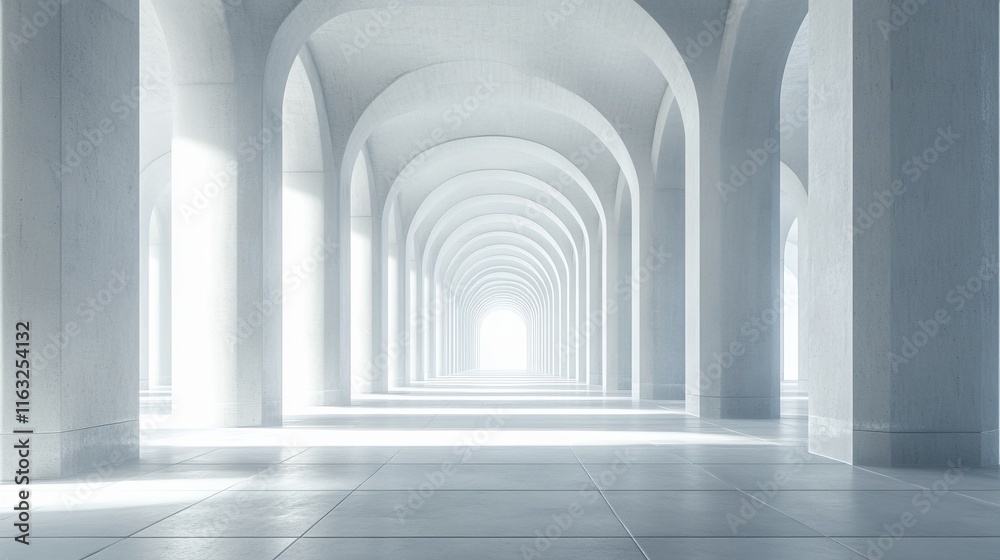 Light-filled arcade with arches and columns. Light-filled arcade with arches and columns.