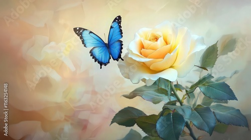 A delicate yellow rose with white-tipped petals radiates warmth, complemented by deep green foliage. A blue butterfly brings movement, set against an abstract, dreamy pastel and beige background.