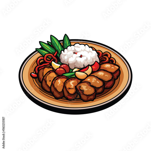 Create a detailed vector illustration of a plate of Thai crispy pork belly, showcasing its texture and golden-brown color.  Include vibrant garnishes.