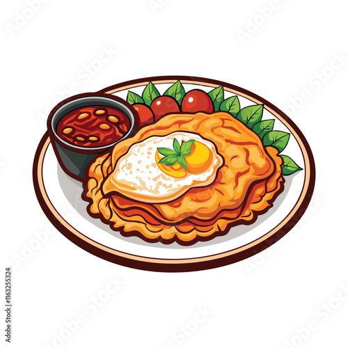 Create a detailed vector illustration of a Thai omelet, Khai Jeaw, served on a plate.  Show texture and vibrant colors.