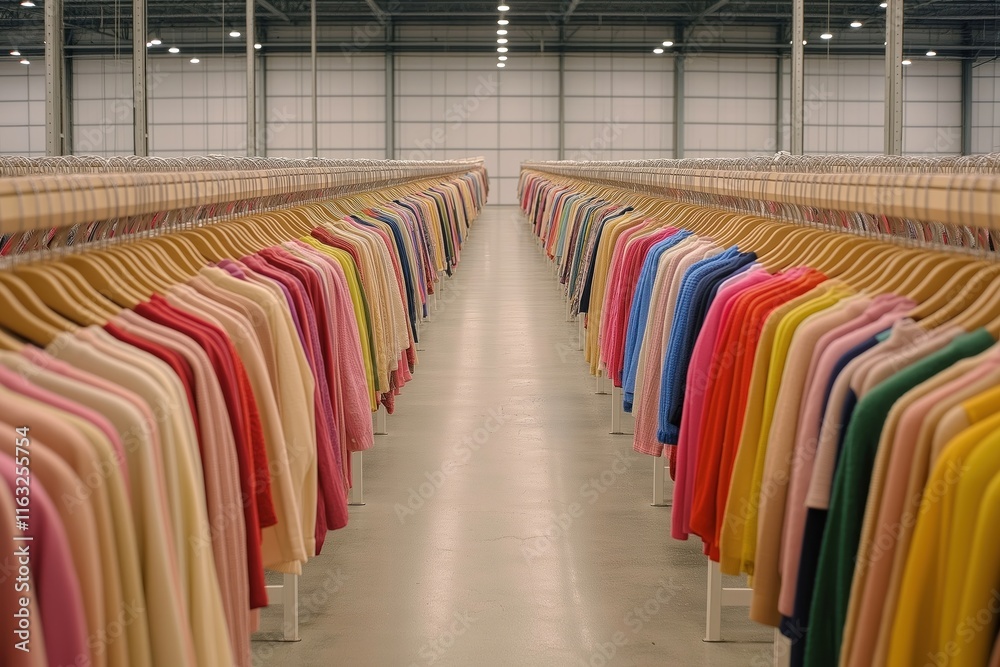 Massive warehouse filled with endless rows of identical clothing. Fast fashion overproduction evident. Variety of colors shown on racks. Retail excess, consumerism visible. Clothing ready for Massive warehouse filled with endless rows of identical clothing. Fast fashion overproduction evident. Variety of colors shown on racks. Retail excess, consumerism visible. Clothing ready for