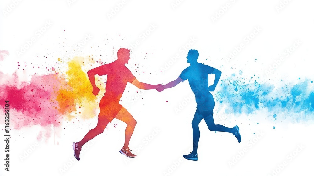 Fototapeta premium Warm watercolor of a supportive handshake between two runners in midrace