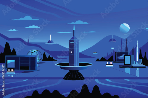 Design a futuristic, vibrant digital landscape featuring advanced architecture, glowing flora, and technological elements.  Emphasize sleek lines and otherworldly colors.