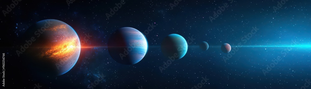 Fototapeta premium Stunning depiction of planets in space, showcasing their unique colors and sizes against a deep cosmic background.