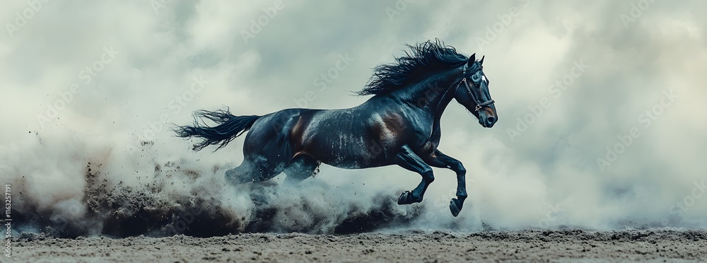 Fototapeta premium Black Stallion Running Through Dust Cloud
