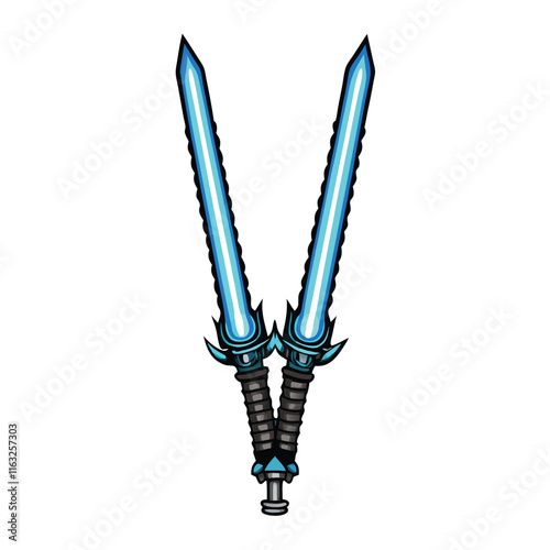 A futuristic, dual-bladed energy sword; vibrant plasma blades, sleek metallic hilt, intricate details, sci-fi aesthetic.