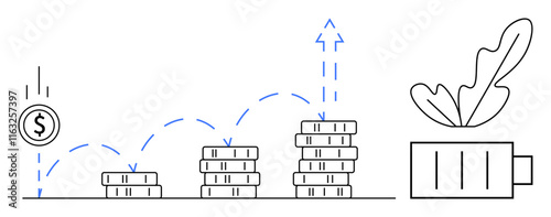 Coin stacks increasing in height, indicating financial growth and investment success. Coin jumps from one stack to another, ending with a skyrocket representing success. Ideal for finance