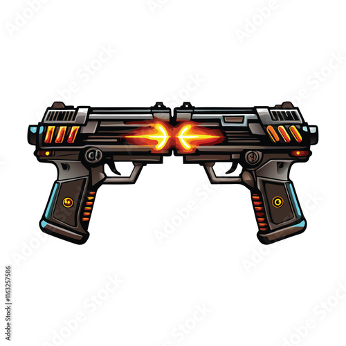 A futuristic character, sleek and powerful, dual-wielding advanced laser pistols, set against a dark, atmospheric background.  Showcasing intricate weapon detail.