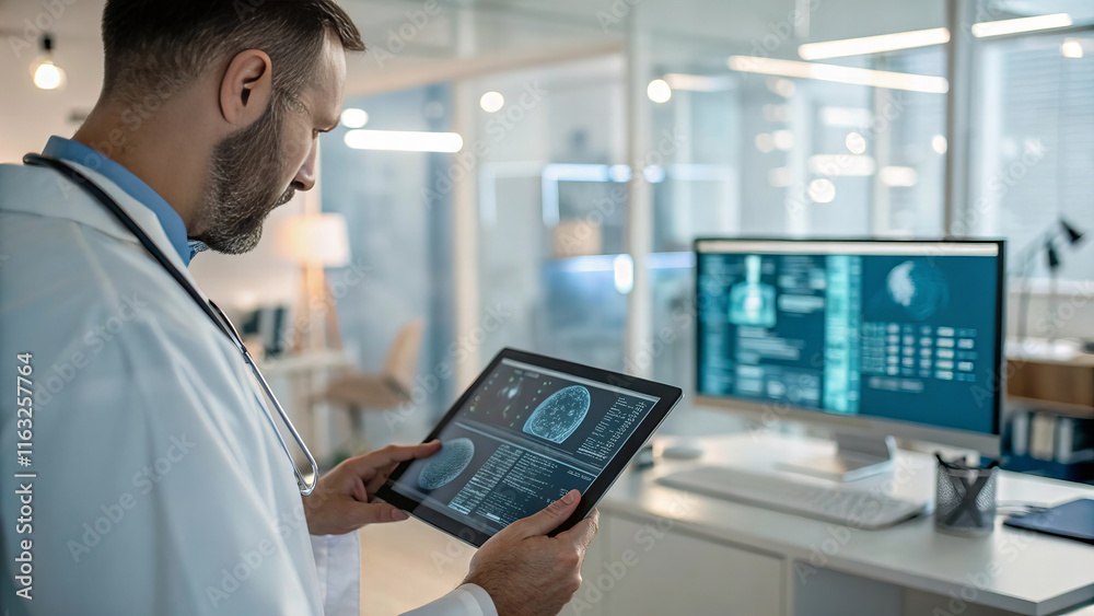 Fototapeta premium doctor analyzing medical data on tablet in modern office environment, showcasing advanced technology and healthcare innovation