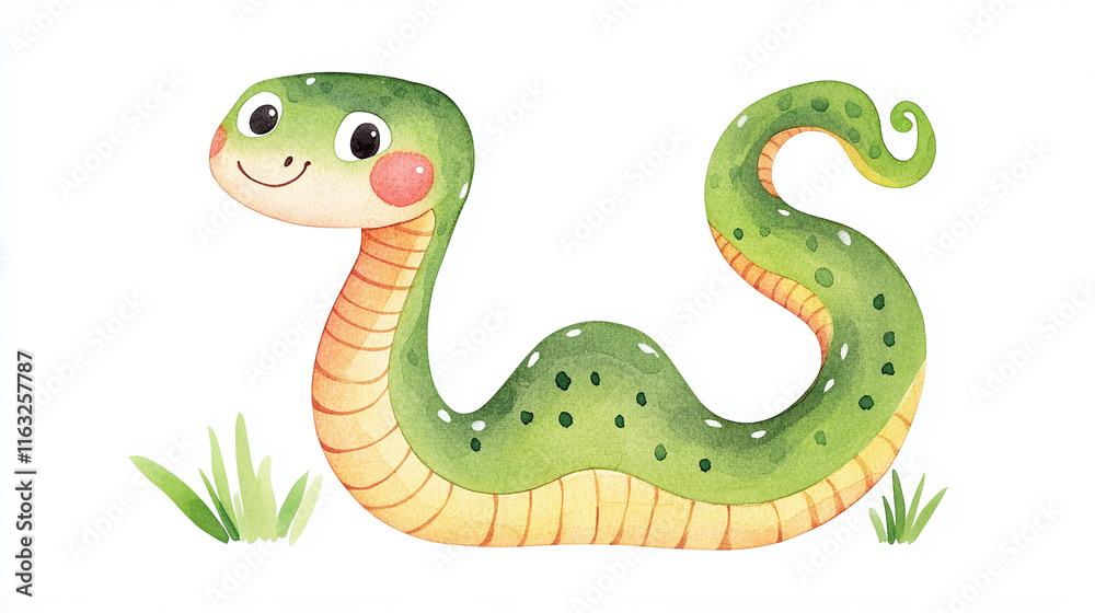 Naklejka premium Watercolor style cartoon green snake