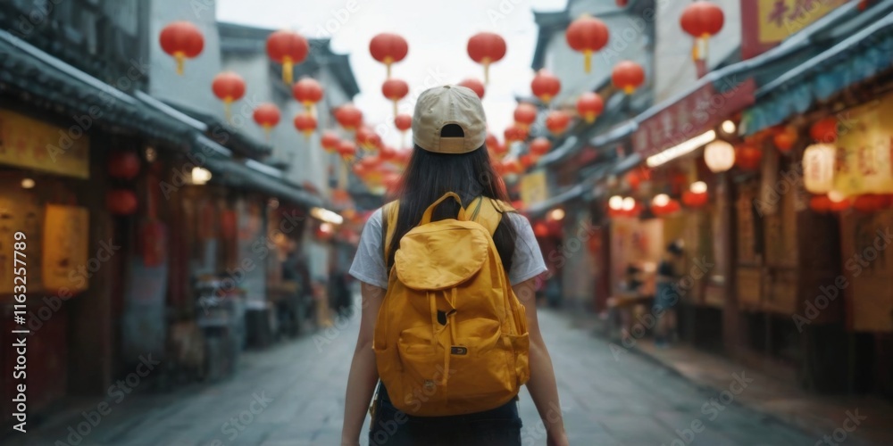 Serene Scene: Young Woman Strolling in Chinese City with Yellow Backpack and Baseball Cap, Surrounded by Shops and Red Lanterns. Serene Scene: Young Woman Strolling in Chinese City with Yellow Backpack and Baseball Cap, Surrounded by Shops and Red Lanterns.