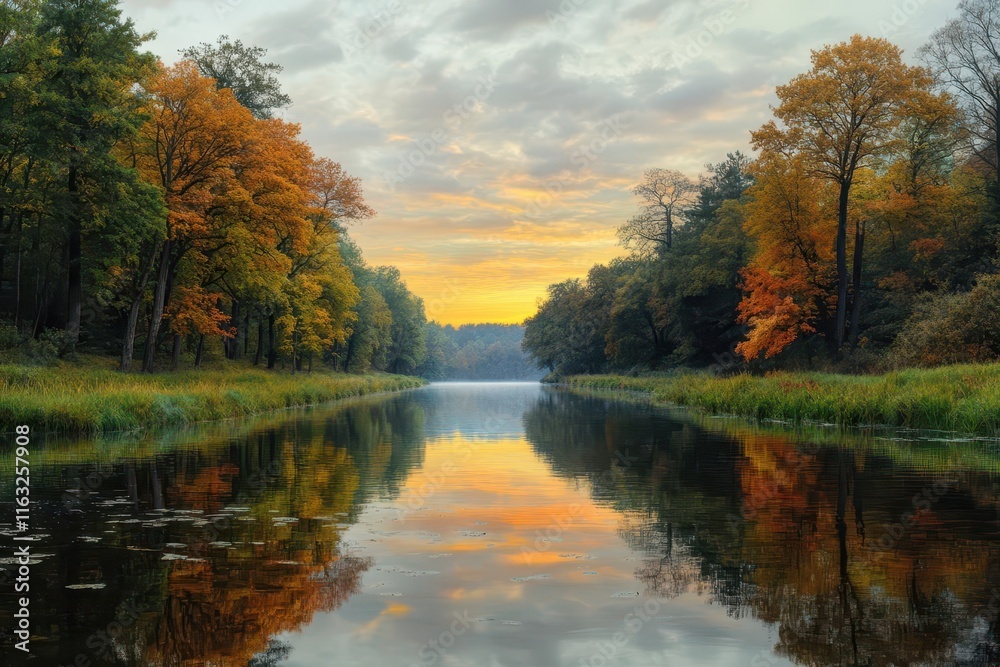 Serene treelined river reflecting golden sunset hues, tranquil atmosphere, vibrant foliage, pristine natural beauty Serene treelined river reflecting golden sunset hues, tranquil atmosphere, vibrant foliage, pristine natural beauty