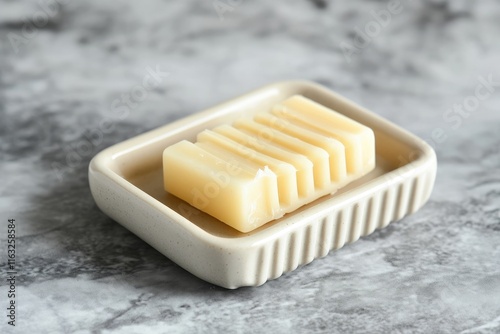 Pale yellow soap bar rests in a ceramic soap dish photo