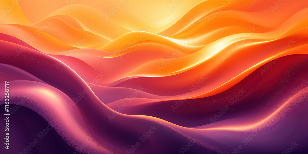 Fototapeta premium Vibrant abstract landscape with flowing waves in warm hues of orange, red, and purple, evoking a sense of tranquility and warmth.