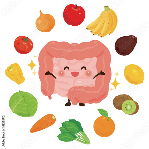 野菜や果物に囲まれて笑顔の腸のキャラクターイラスト