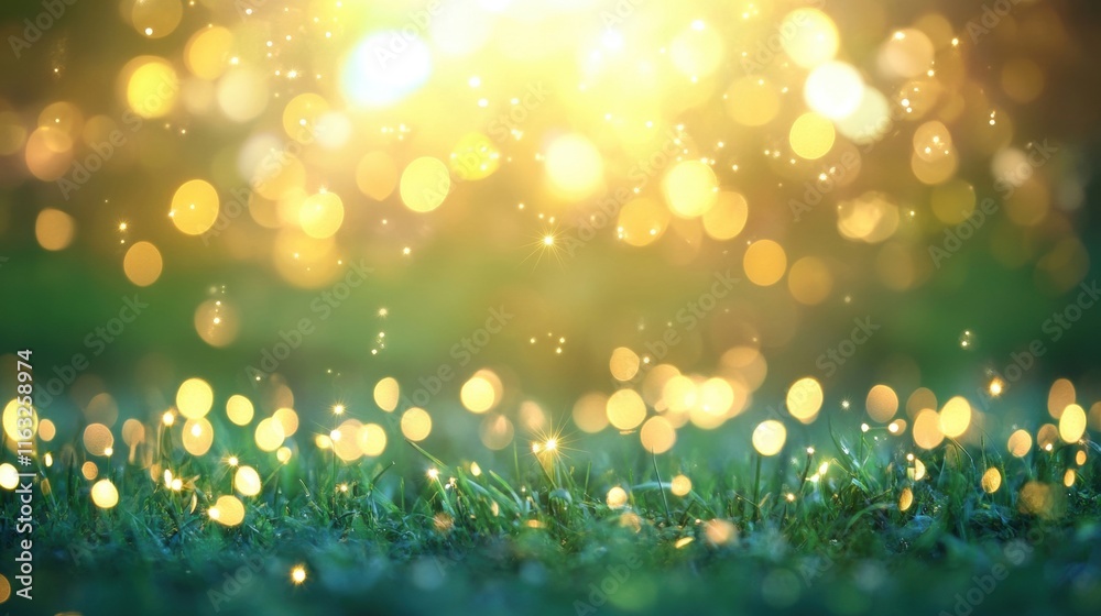 Obraz premium This captivating background features a lush green area adorned with sparkling lights, creating an enchanting twilight ambiance