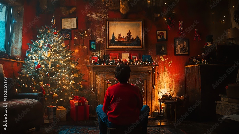 Christmas Boy by Fireplace in Cozy Room Christmas Boy by Fireplace in Cozy Room