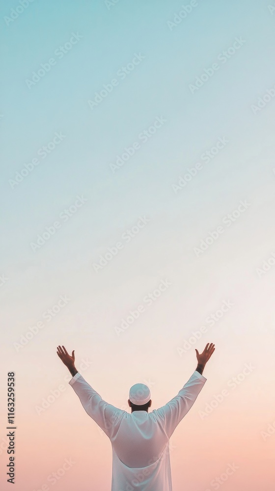 Tranquil Silhouette in Twilight Raised Arms Against a Pastel Sky Tranquil Silhouette in Twilight Raised Arms Against a Pastel Sky