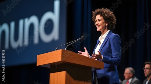 a business woman wearing in suit talking on stage