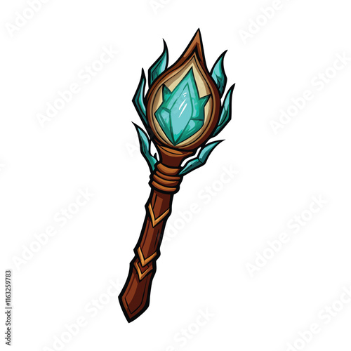 Render a detailed image of an enchanted mage staff a long, wooden staff with a glowing crystal orb at its apex.  Show intricate carvings.